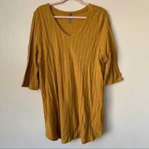 Honeyme Curvy Mustard Yellow Ribbed Tunic Top V Neck Short Sleeve Size XXL